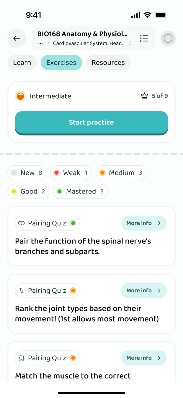 The exercises of one subtopic